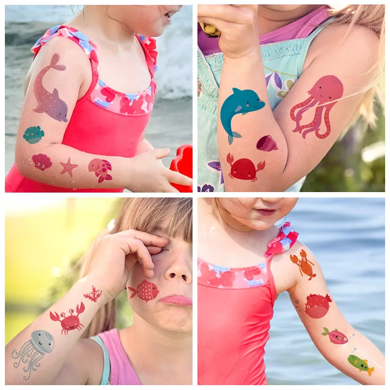 

10 Kinds Waterproof Temporary Tattoos for Kids Cartoon Dolphins Whales Marine Fish Watercolor Fake Tattoo Stickers Disposable