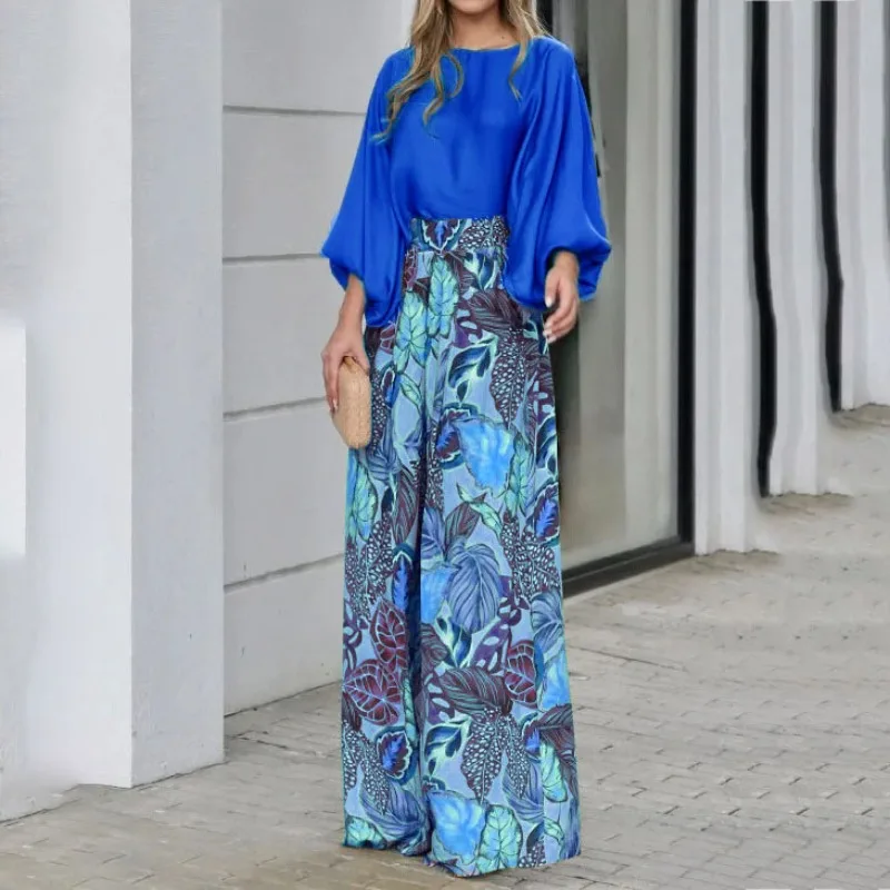 

Женская одежда, Новинка лета-весны 2024, модный Свободный Топ с рукавами-фонариками и широкие брюки с принтом, комплект из двух предметов