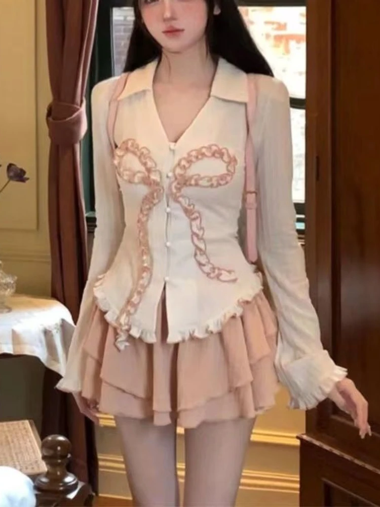 

QWEEK, кокетка, кавайная рубашка в стиле "Лолита" с бантом, Женская винтажная блузка с длинным рукавом и запахом в стиле преппи для девушек, 2024, Весенняя мода