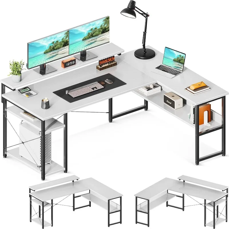 

L Shaped Computer Desk, 61" Reversible L Shaped Desk, Corner Computer Desk with Storage Shelves & Monitor Stand