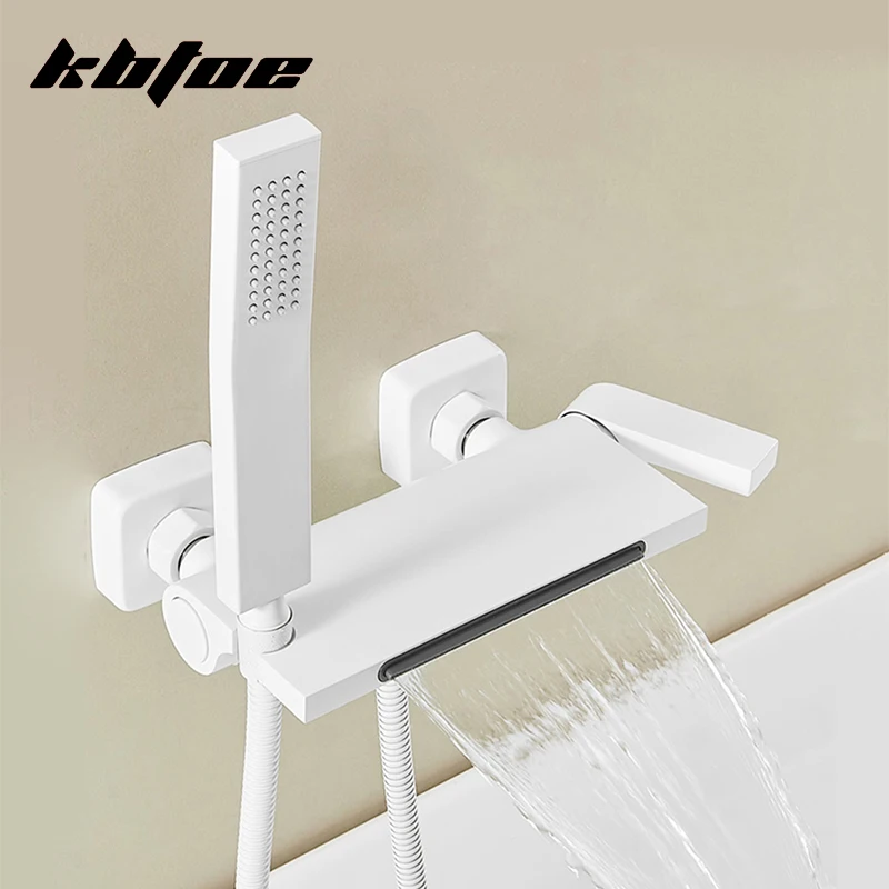 

White Black Simple Bathroom Waterfall Bathtub Faucets With Hand-held Shower Wall Mounted Hot and Cold Mixer Tap Shower Set Brass