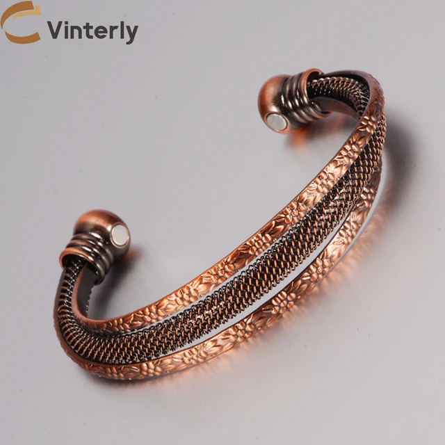 Vinterly-Bracelets magnétiques en cuivre pur pour femme, manchette réglable, bracelet à aimants élevés, bijoux en métal souple, fleur vintage, cadeaux féminins 1