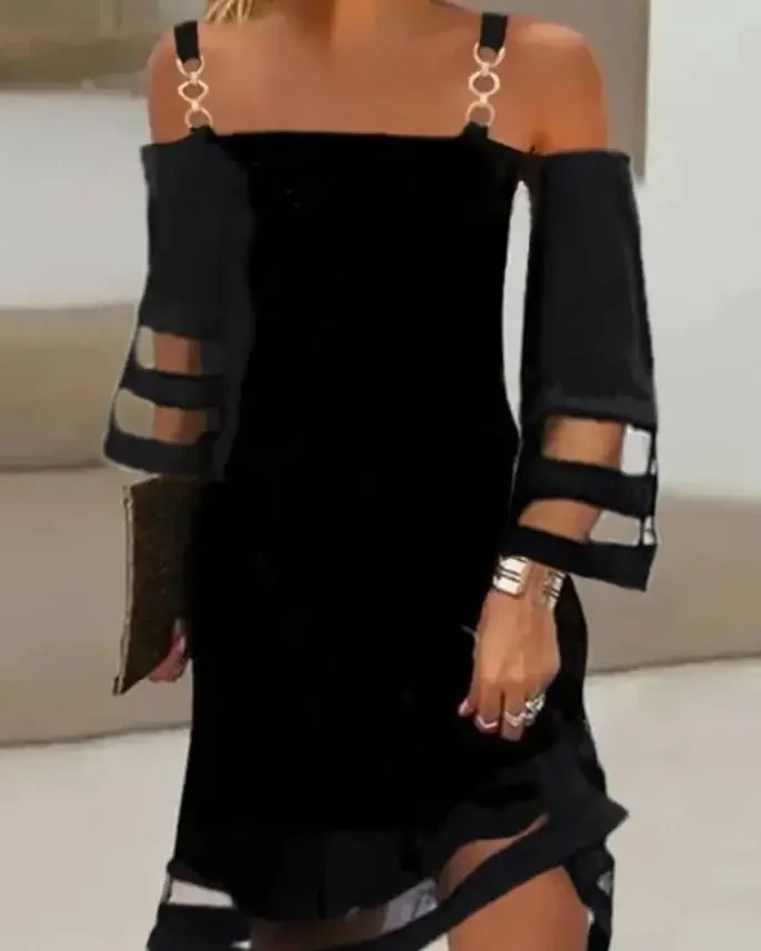 

Женские платья 2023, летнее модное контрастное Сетчатое повседневное прямое мини-платье с открытыми плечами и длинным рукавом