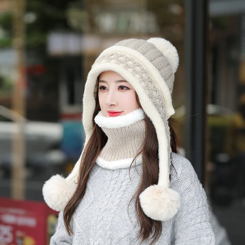 

New Knitted Hat Thick Warm Earflap Hats Scarf 2Pcs Set Fleece Lined Ball Pompom Skullies Beanies Women Winter Rabbit Fur Cap