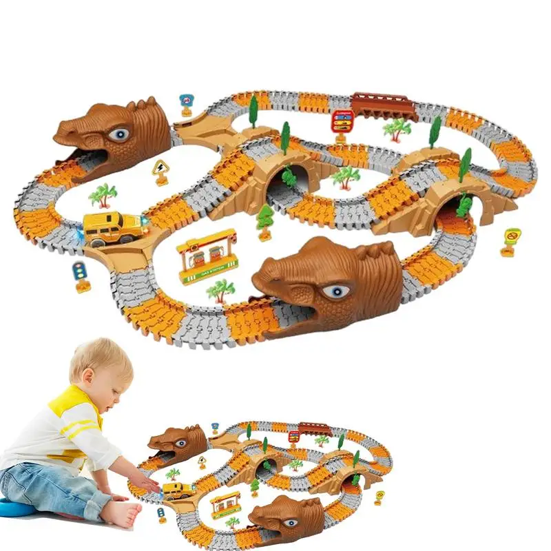 

Toy Car Track Set Cute Flexible Dinosaur Toy Car Tracks DIY Assembling Electric Trolley Car Track Playset Realistic Montessori