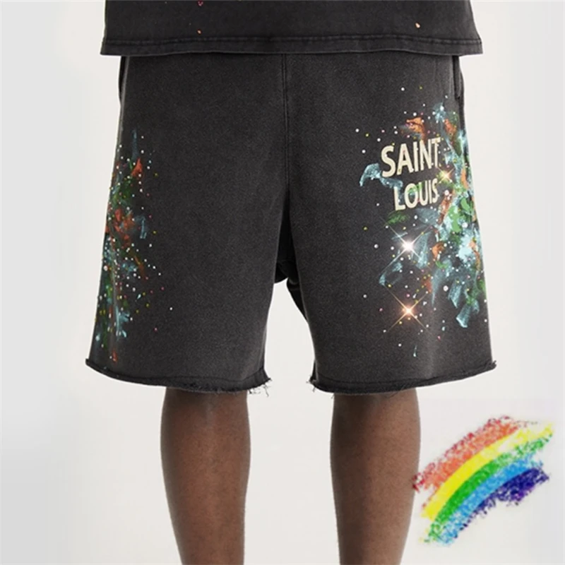 

Speckled Ink Saint Louis Shorts Men Women Best Top Quality Graffiti Crystal Rain Sweatshort Drawstring Washed Shorts