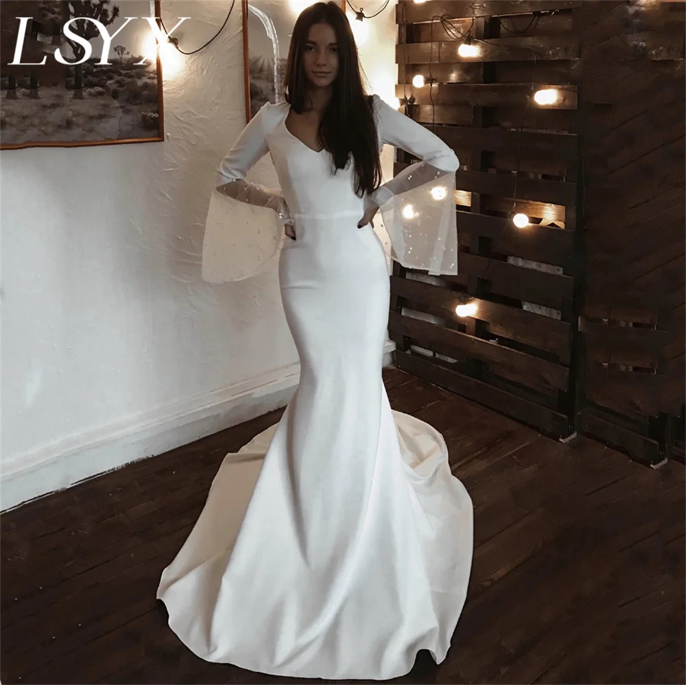 

LSYX V-Neck Long Flare Sleeves Crepe Beaded Mermaid Wedding Dress For Women Cut Out Back Court Train Bridal Gown Custom Made