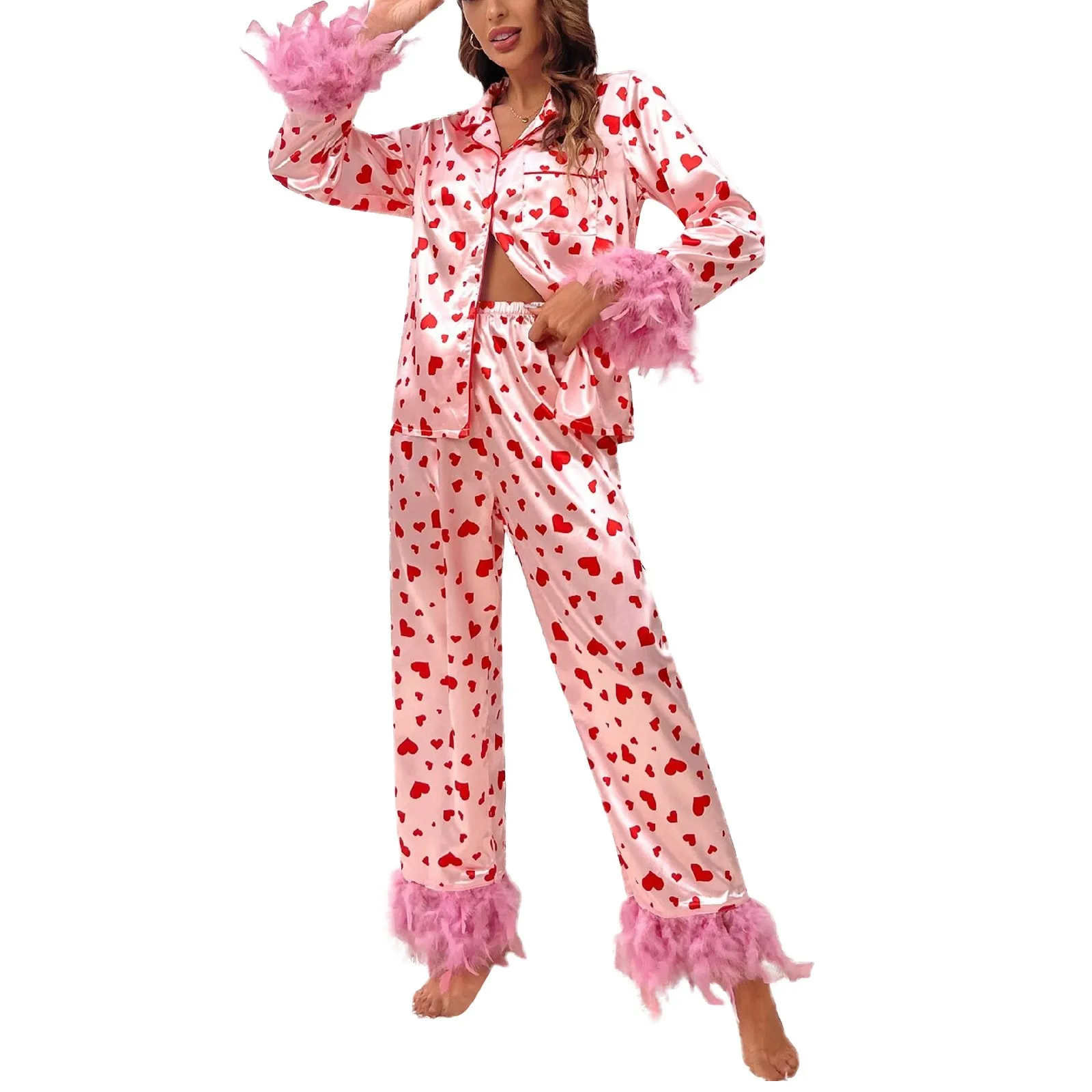 

Printed Pyjama Sets For Women Soft Two Piece Loungewear Sets Long Sleeves Lapel Furry Cuffs Tops Loose Pants Matching Pyjamas