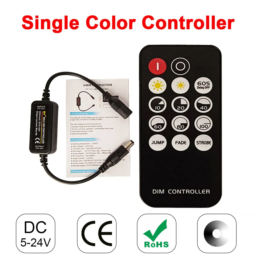DC5-24V Single Color Led DIM Controller Wireless Mini RF 14Key Remote Dimmable Control 3014 COB 2835 5050 5730 Strip Light
DC5-24V Single Color Led DIM Controller Wireless Mini RF 14Key Remote Dimmable Control 3014 COB 2835 5050 5730 Strip Light