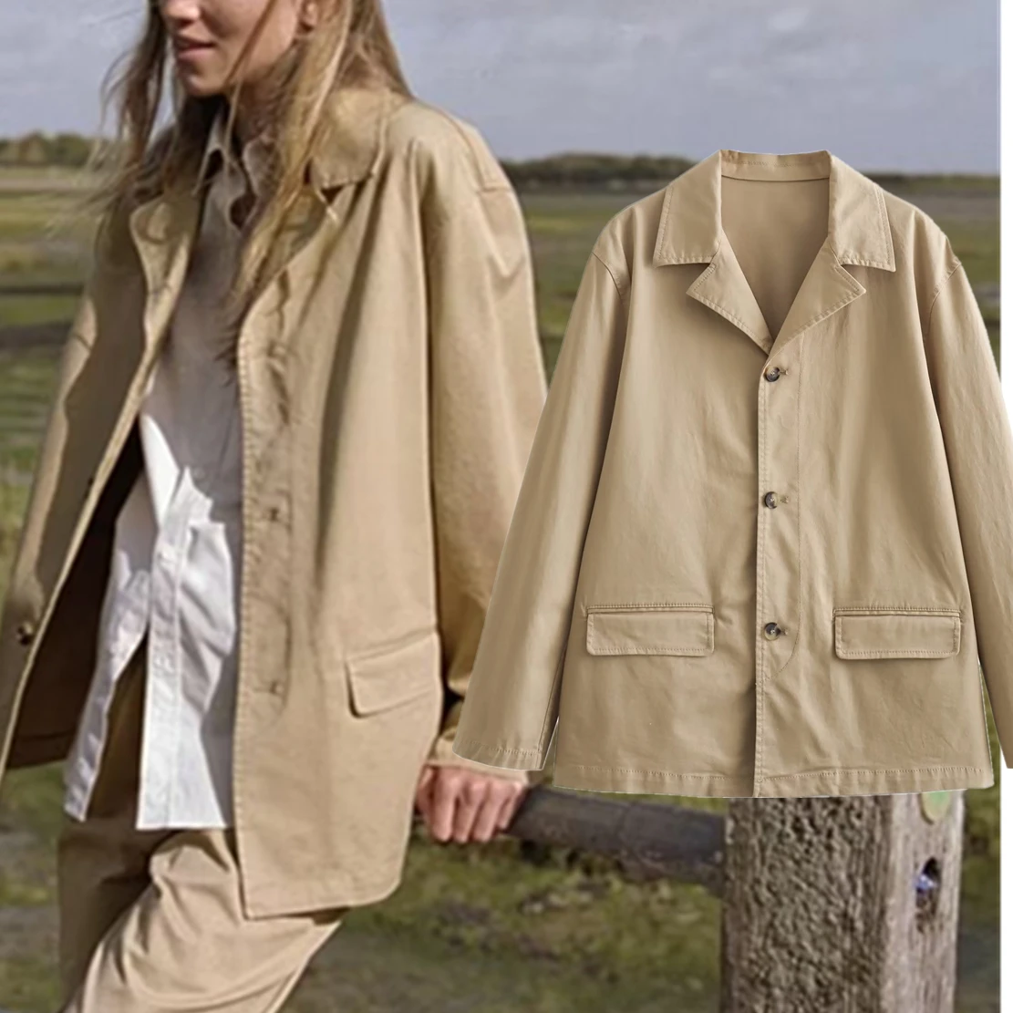 

Dave&Di Autumn British Fashion Women's Retro Khaki Twill Casual Suit Coat Blazers Vintage Jacket Tops