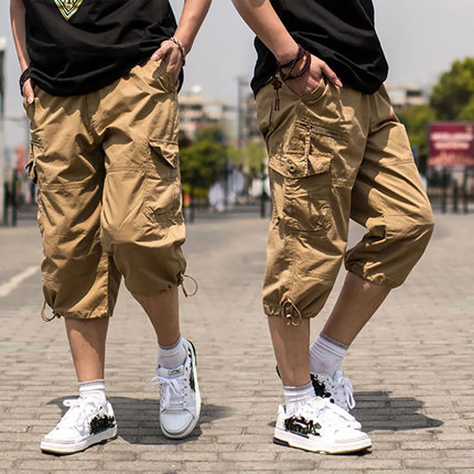 

Брюки-карго мужские с несколькими карманами, повседневные однотонные прямые мешковатые укороченные штаны с широкими штанинами, летние свободные штаны