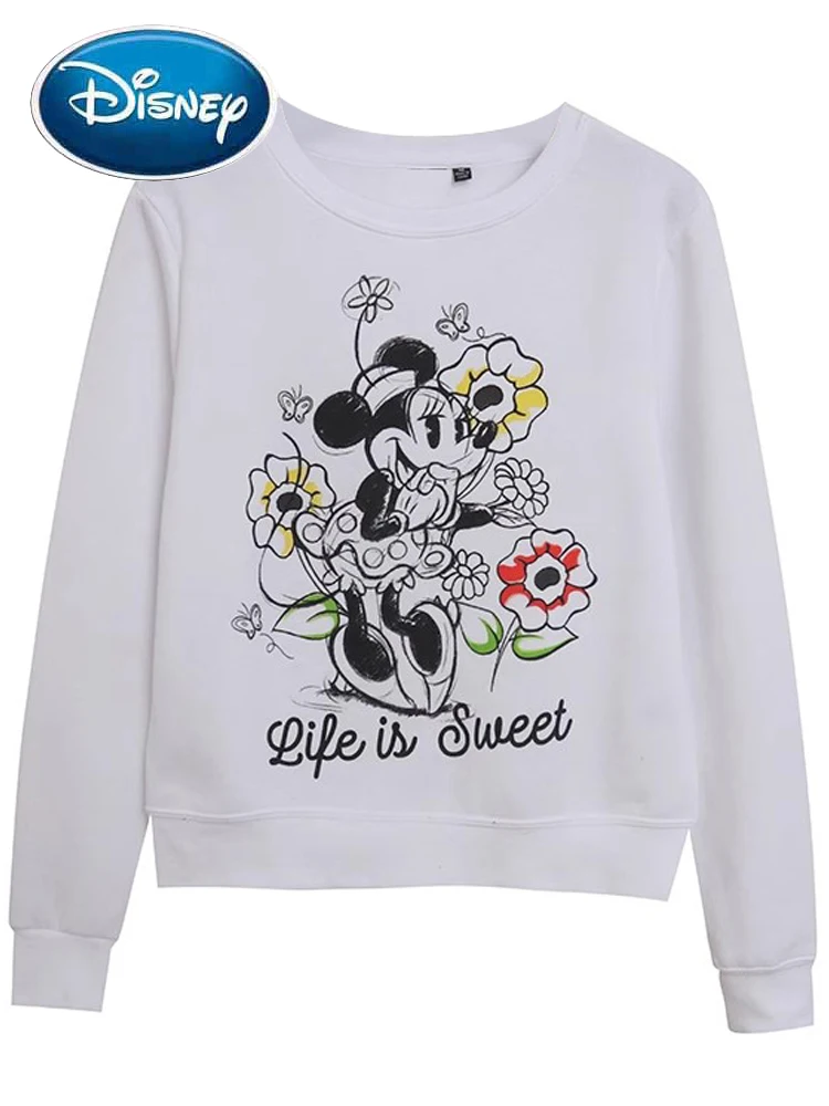 

Disney White Sweatshirt Sweet Minnie Mouse Cartoon Print Women O-Neck Pullover Long Sleeve Jumper Fleece Tee Tops Streetwear