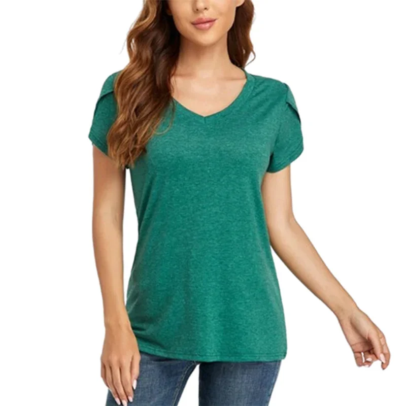 

Women Petal Short Sleeve T-Shirt Fashion Urban Commuter Solid Color V Neck Pullover Top New Female Comfortable Casual Loose Tees