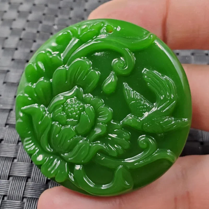 

Natural Green Hand Carved Peony Flower Jade Pendant Fashion Boutique Jewelry Men's and Women's Magpie Necklace Gift Accessories