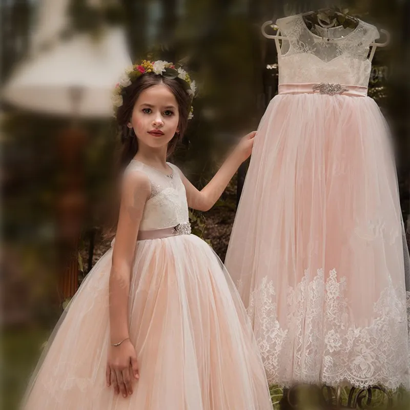 

Blush and Ivory Flower Girls Dresses Beaded Sash Lace Appliqued Bows Pageant Princess Gowns for Kids Wedding Party Girl Dresses