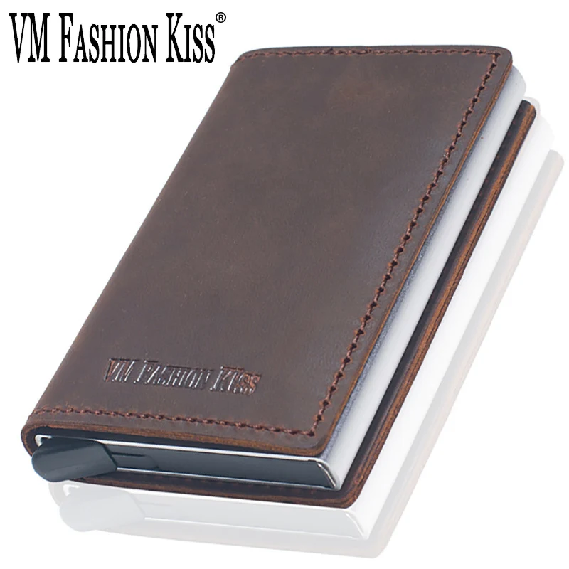 

VM FASHION KISS Crazy Horse Leather Wallet RFID Blocking Card Holder Business Aluminum Pop Up Slide Cardholder Case Coin Purse