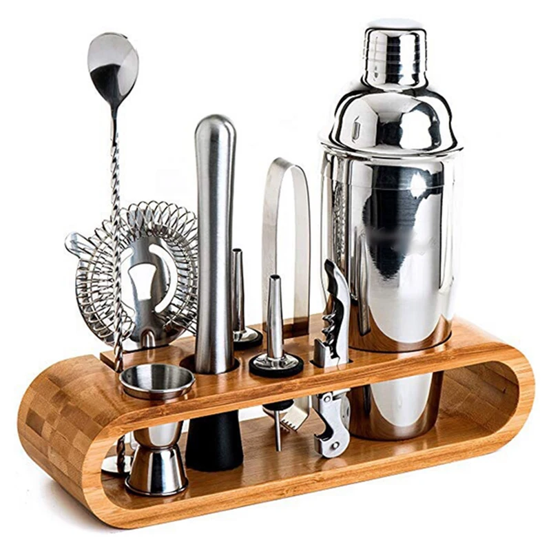 

9 Pcs Cocktail Shaker Set Jigger Mixing Spoon Tong Barware Bartender Tools With Wood Storage Stand Bars Mixed Drinks