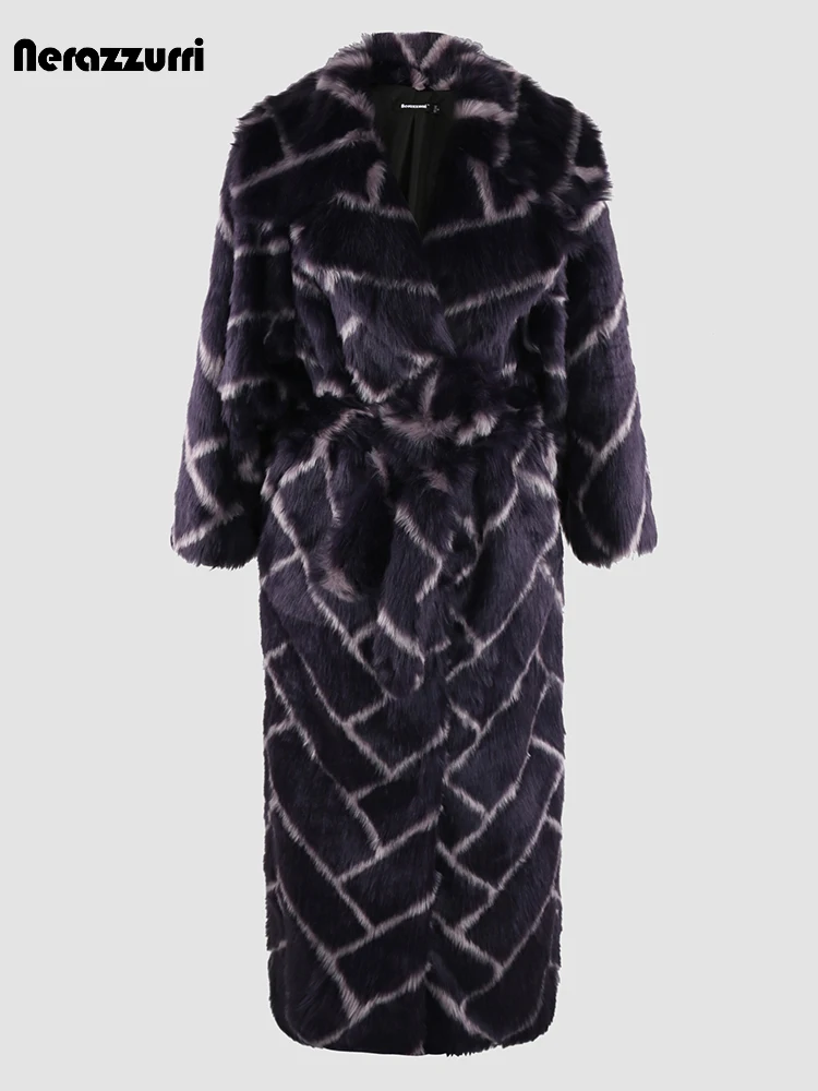 

Nerazzurri Winter Extra Long Thick Warm Colorful Soft Lattice Fluffy Faux Fur Coat Women Sashes Luxury Maxi Furry Overcoat 2024