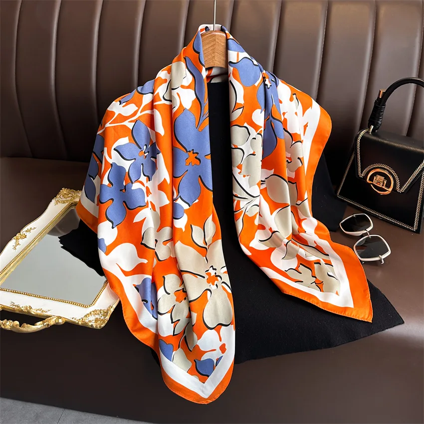 

90*90cm Print Silk Scarf Women Luxury Hairband Neckerchief Shawls Bandanna Headband Foulard Ribbon Wraps Female Square Scarves