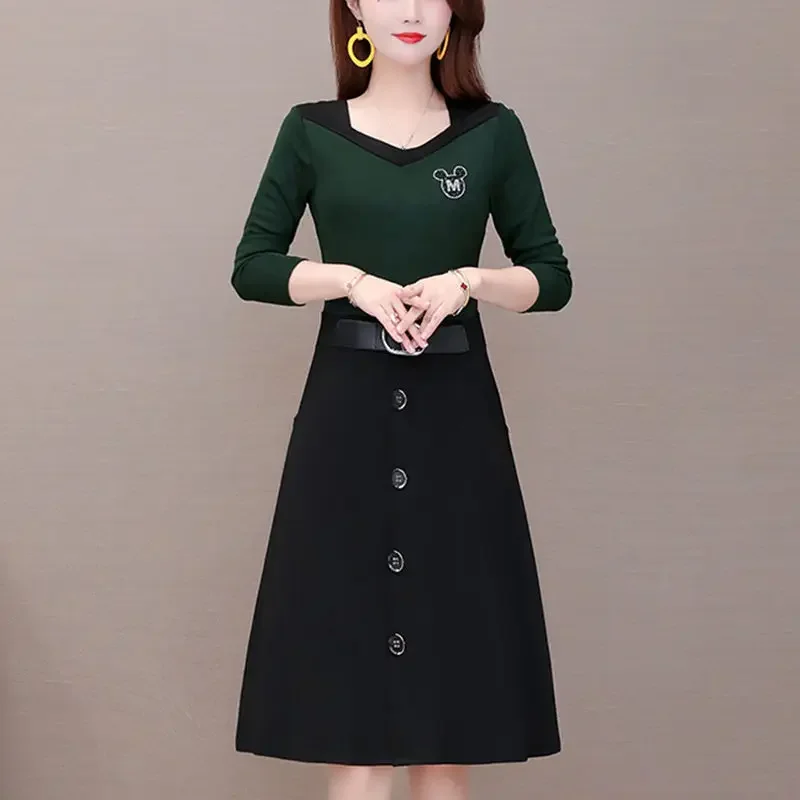 

Fashion Button Spliced Diamonds Fake Two Pieces Midi Dress Women's Clothing Spring New Loose Commuter Ladies Dresses CY143