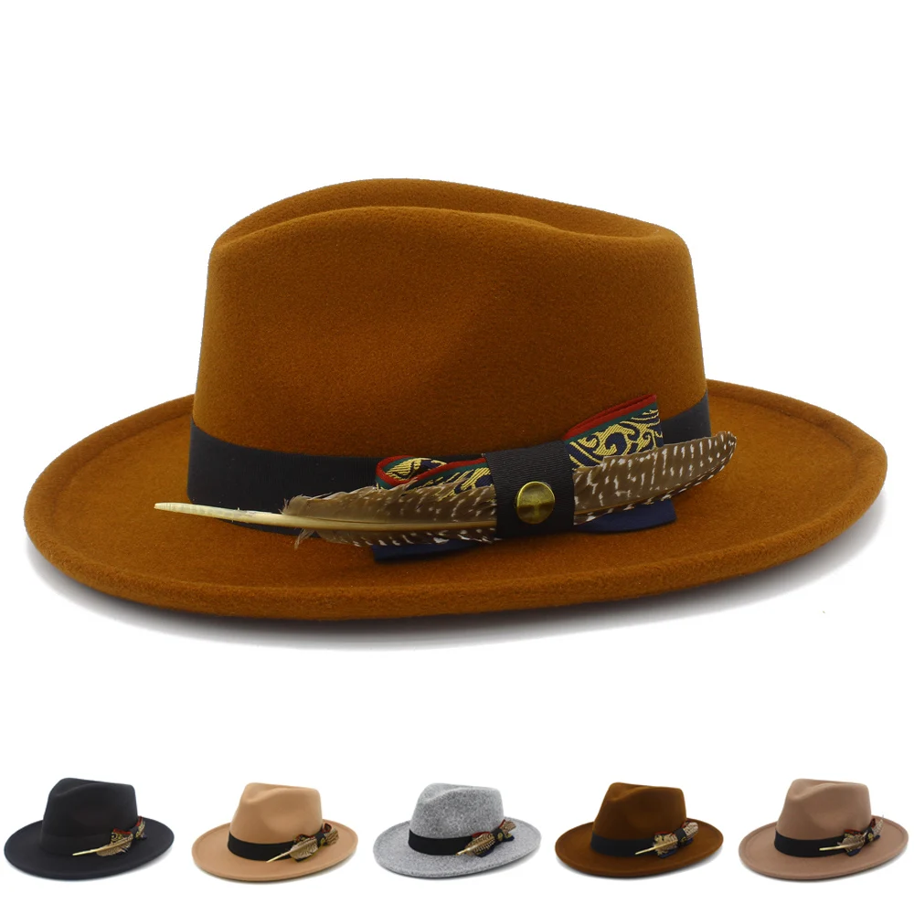 

Fedora Hats Men Women Casual Vintage Caps Bowknot Feather Belt Jazz Cap Britain Derby Luxury Hat mens Trilby Felt Caps
