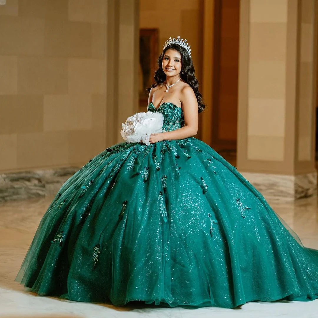 

Luxury Green Quinceanera Dress Ball Gown Sweet 16 Girls Appliques Beading Sequined Birthday Party Gowns Vestidos De 15 Años