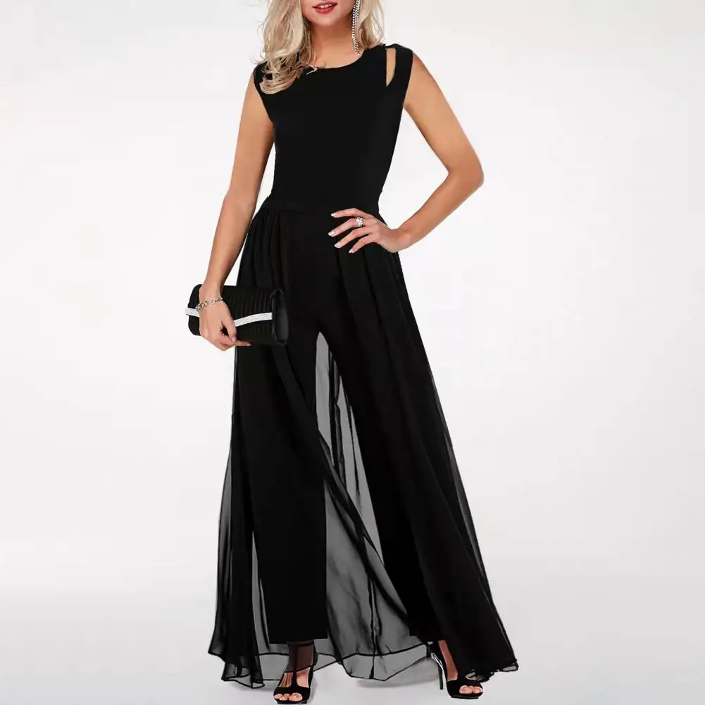 

Women Jumpsuit Lady Solid Color O-Neck Sleeveless Wide Leg High Waist Long Jumpsuit Office Romper Net Yarn High Waist Playsuit