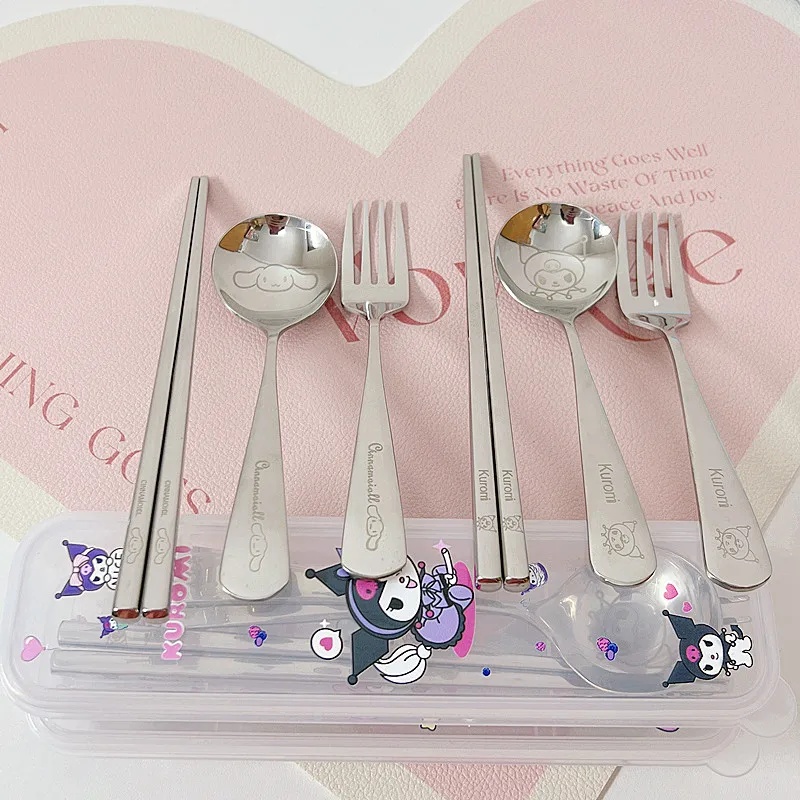 

Sanrio Spoon and Chopsticks Set My Melody Tableware Kawaii Anime Cinnamoroll Kuromi Fork Kids Adult Portable 3Pcs Set Girls Gift