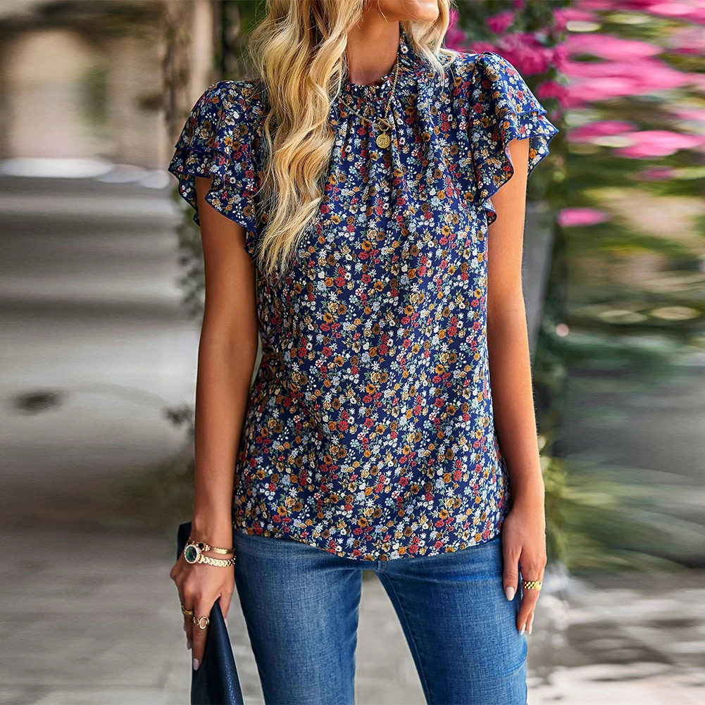 Women's Floral Print Casual Blouse Top with Ruffled Short Sleeves and Mock Neck for Fashionable Style and Flawless Appeal
Women's Floral Print Casual Blouse Top with Ruffled Short Sleeves and Mock Neck for Fashionable Style and Flawless Appeal