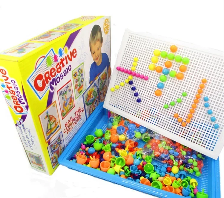 

[Funny] DIY Mushroom Nails Jigsaw Puzzle Game Creative Mosaic Pegboard baby Educational Toys basket+Pegboard+296pcs nails sets