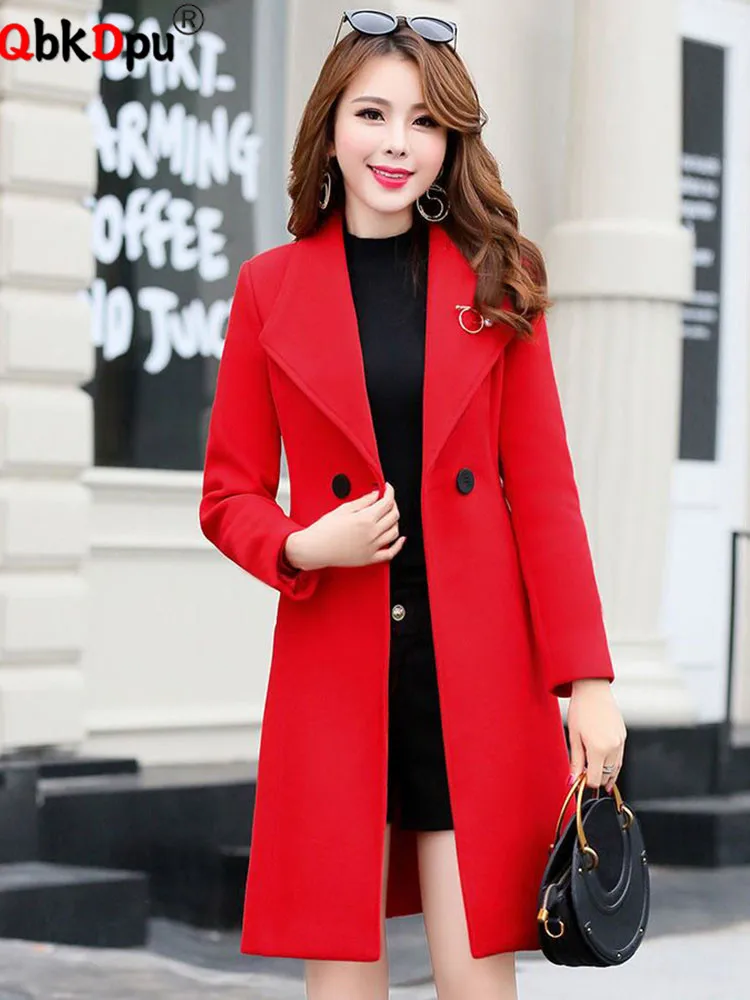 

Женская приталенная шерстяная куртка, длинные корейские повседневные двубортные шерстяные куртки с лацканами, плотные элегантные однотонные пальто на осень и зиму