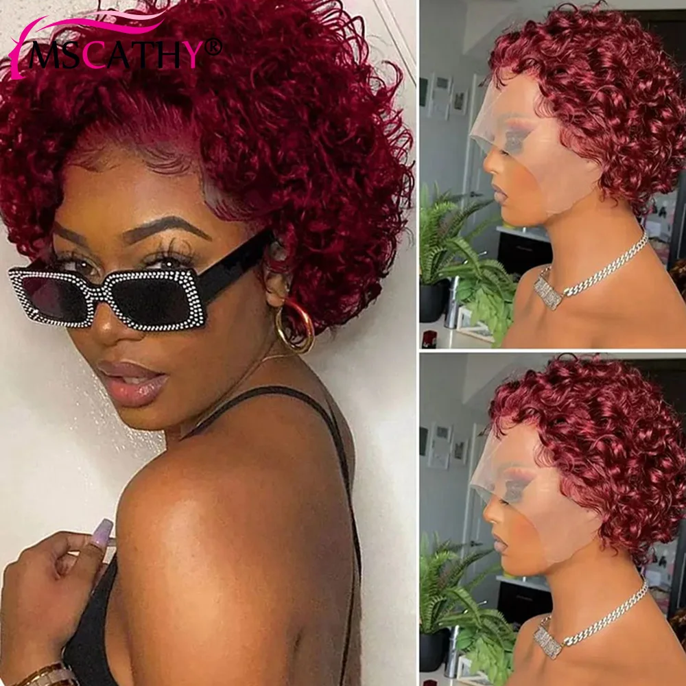

99J Burgundy Colored Brazilian Remy Human Hair Wigs for Women 13x1 Lace Pixie Cut Short Deep Curly Bob Wig Natural Hairline