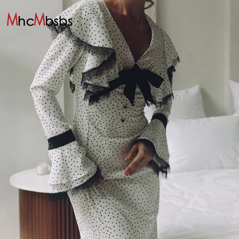 

Vintage Lapel Neck Polka Print Slim Women's Midi Dress 2023 Fall Fashion Flare Long Sleeve Classic Lace Splice Party Vestido