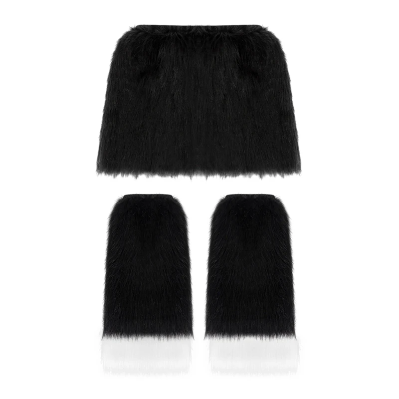 

Women 2 Piece Matching Outfits Set Faux Furs Leg Warmers with Bodycon Mini Skirt