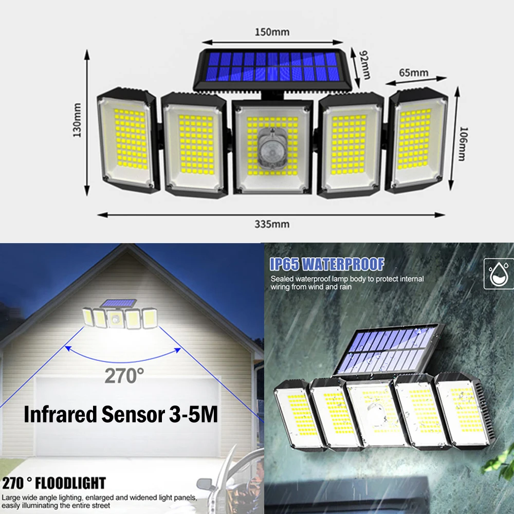 

5 Heads 300 LED Solar Light Outdoor Motion Sensor Waterproof IP65 Wide-angle Illumination Wall Lamp Rotatable Security Lights