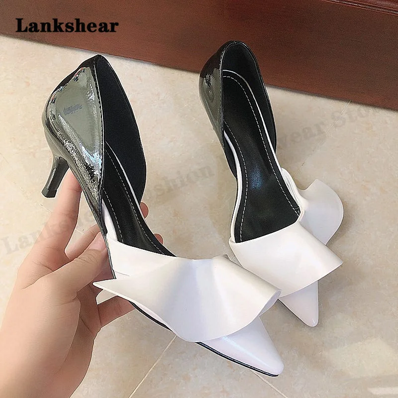 

Women's Shoes Autumn and Summer New Patent Leather Ruffled High Heels Sandals Shallow Mouth Pointed Toe Stiletto Shoes