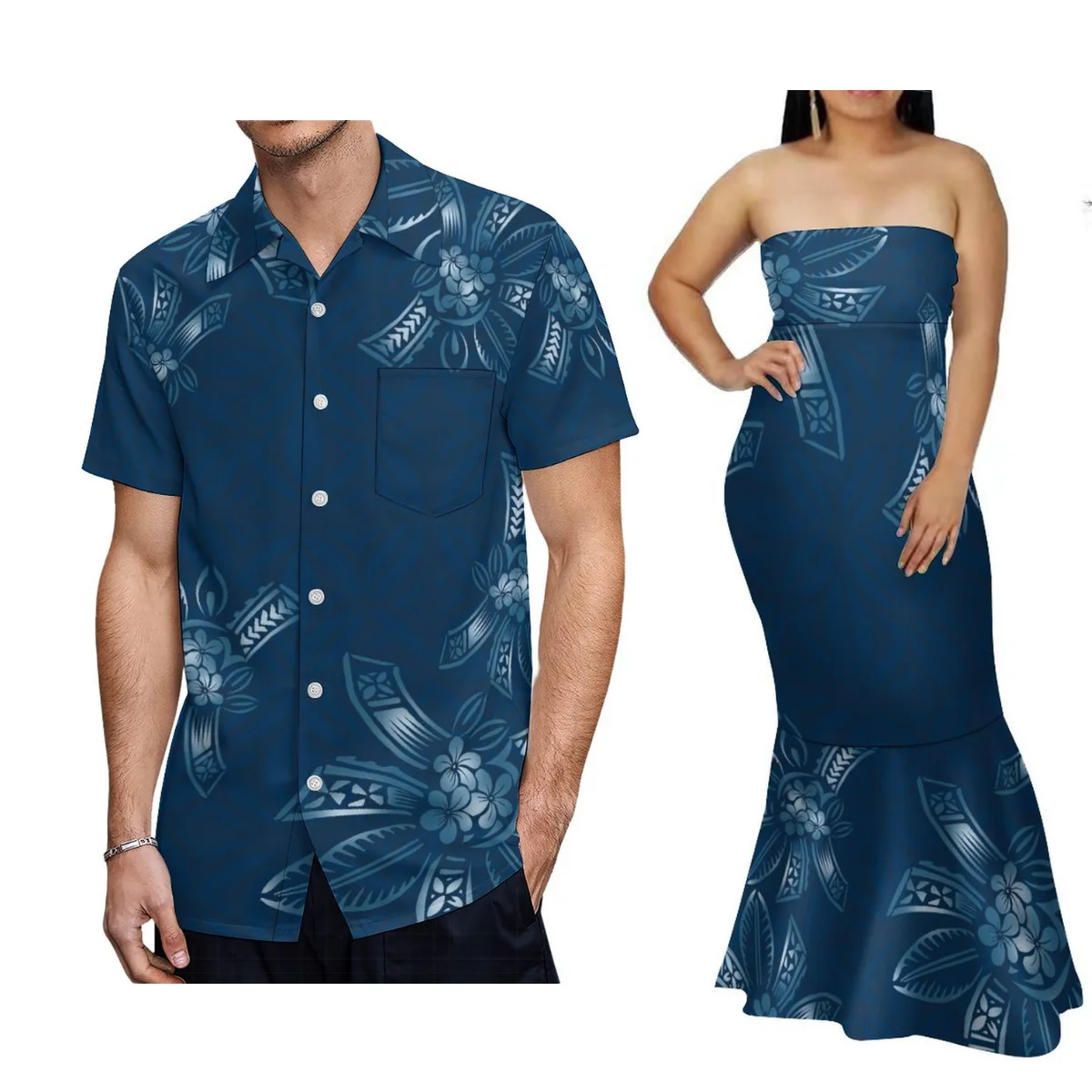 

Strapless Hawaii Print Dress Polynesian Dress Mermaid Ruffle Bottom Woman Long Skirt Man Casual Shirt Beach Samoa Couple Clothes