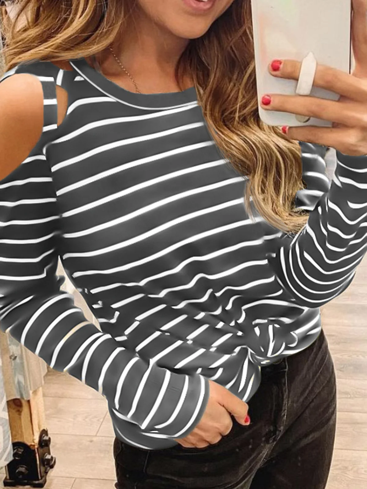 

Striped Criss-Cross Cold Shoulder Blouse 2023 Autumn Comfy Fashion Wild Commuter Pullover Lazy Style Long Sleeve Vacation Top