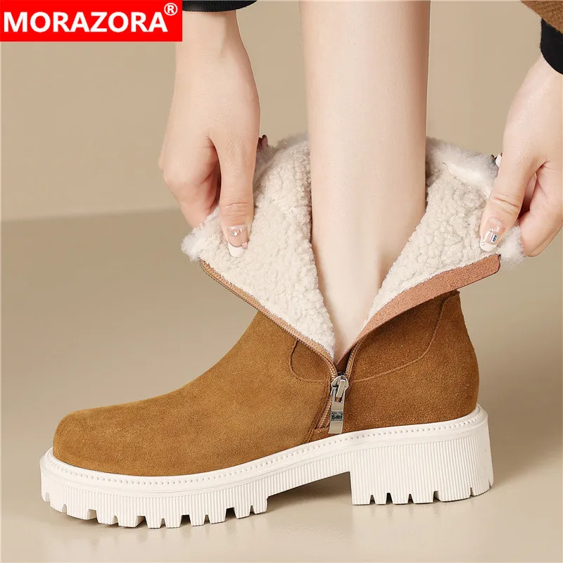 

MORAZORA Cow Suede Snow Boots Women Zipper Platform Thick Fur Warm Winter Boots Ladies Fashion Ankle Boots Ladies Shoes