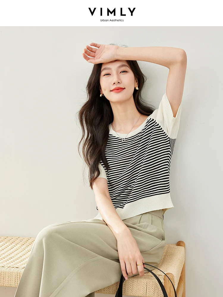

Vimly Contrast Striped Knit Tops Women's Short Sleeve Knitted Summer T Shirts 2024 Women Casual T-shirt Basic Tees Clothes 72891