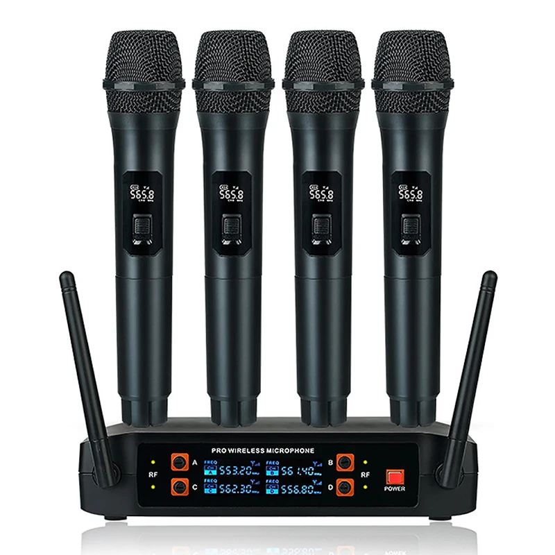 

4 Channels Wireless Microphone VHF Dual Handheld Dynamic Karaoke Mic System for DJ Stage Church Party School PA Speaker Meeting