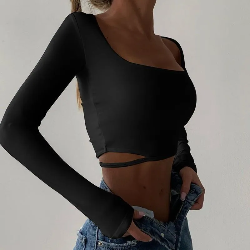 

Y2k Casual Clothes Waist U-neck Hollow Korean Top Sexy Women's Short Slim Long Sleeve Navel T-Shirt Bottoming Shirt Female Tops