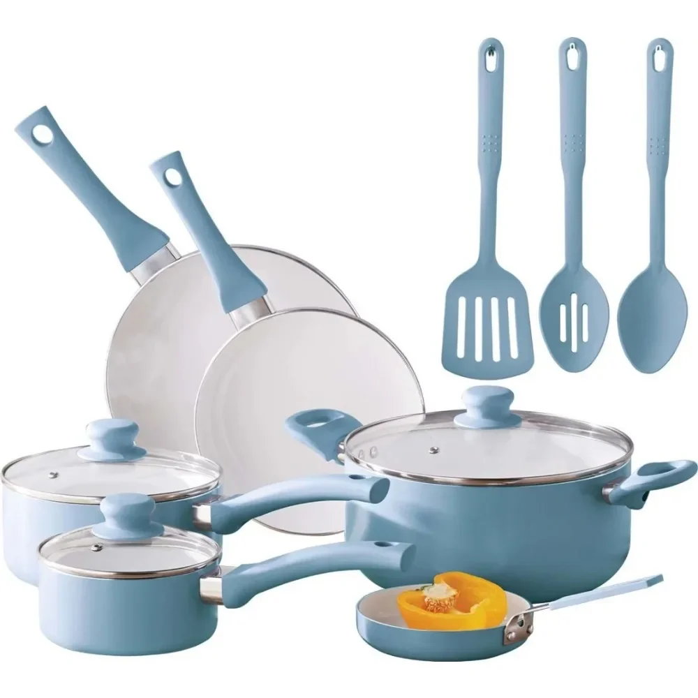 

Cooking Pot Set 12pc Ceramic Cookware Set Blue Linen Cookware Kits Free Shipping Pots for Kitchen Accessories Pan Sets Pans Kit