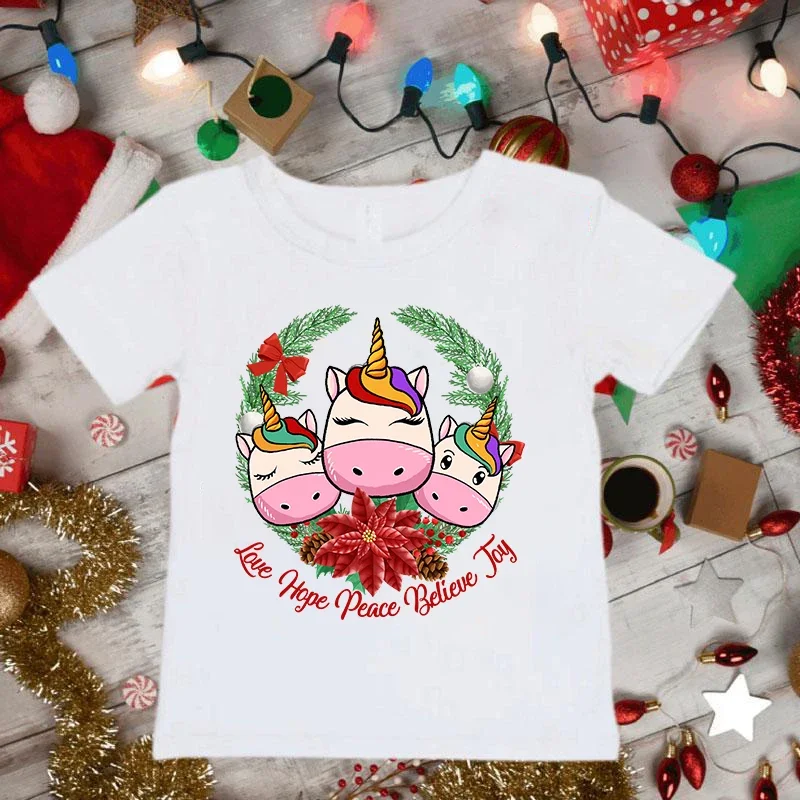 

Unicorn Christmas Kids TShirt Love Hope Peace Believe Joy Print Clothes Boys Girls Harajuku Cartoon Tee Christmas T-shirts Tops