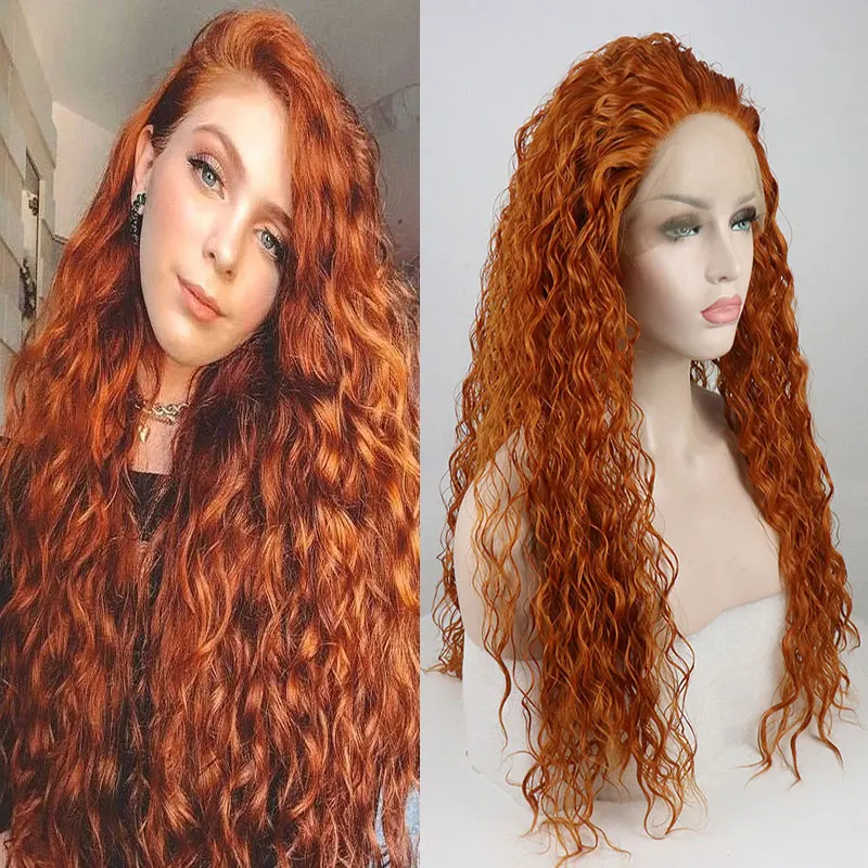 

Bombshell Ginger Orange Long Loose Curly Synthetic 13X4 Lace Front Wigs Glueless High Quality Heat Resistant Fiber For Women Wig