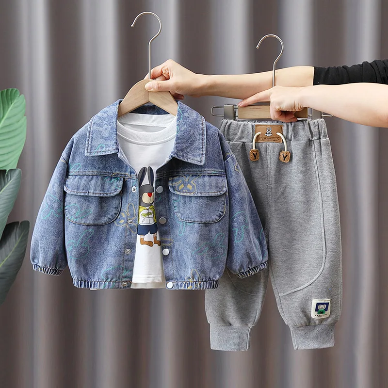 

Boy spring and autumn suit 2023 new denim handsome children fashionable fried street foreign style clothes three sets of tide