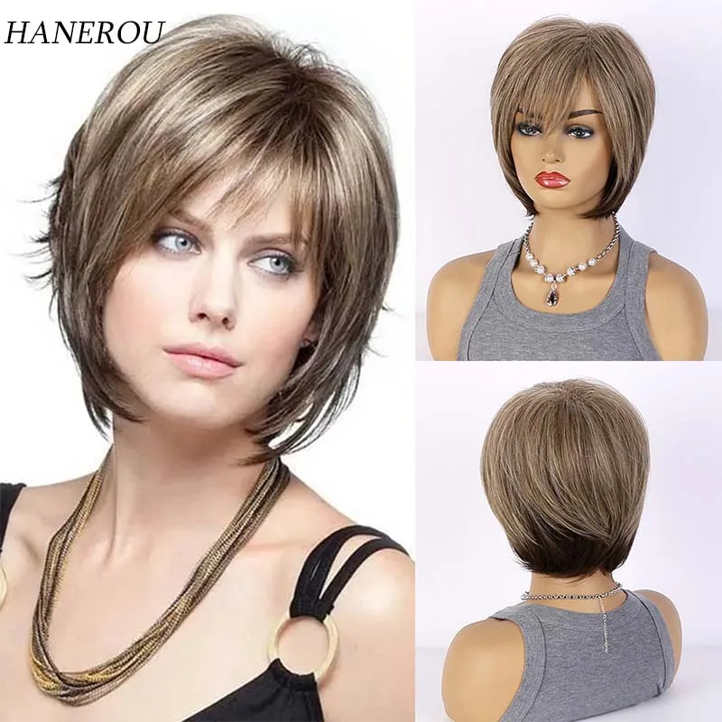 

Black Mixed Highlight Blonde Synthetic Wig Short Pixie Cut Wavy Bob Wigs with Bangs for Women Heat Resistant Hair