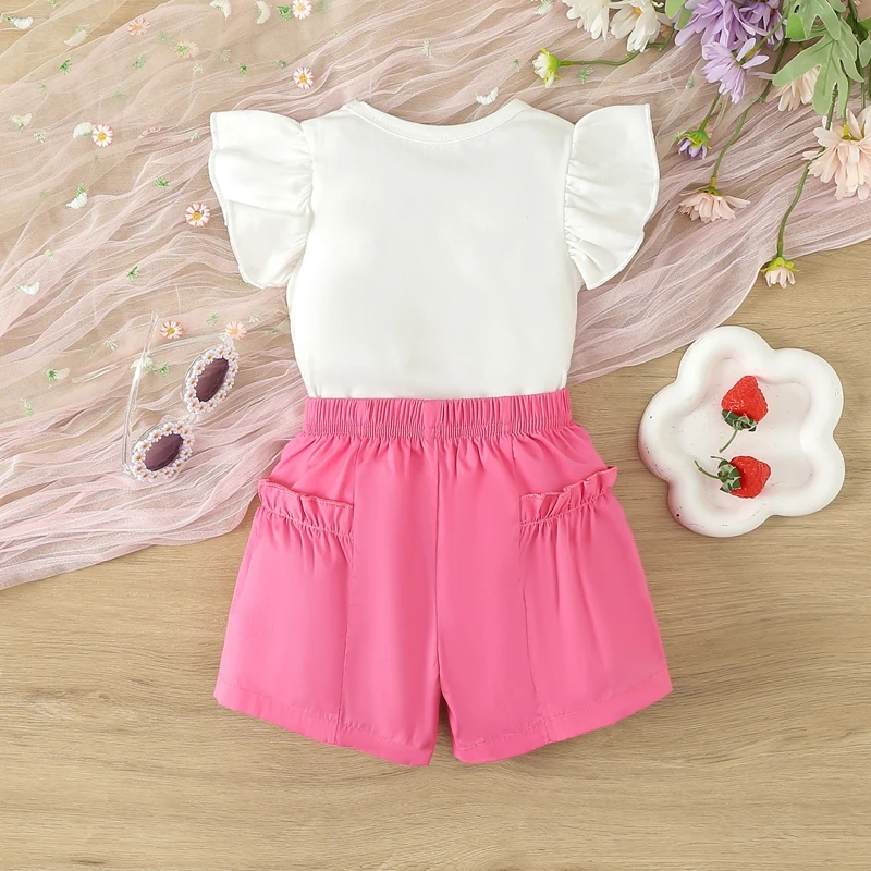 

Toddler Baby Girls Clothes Hello Print Flutter Sleeve Tops T-shirt and Shorts Summer Outfits Clothing Sets