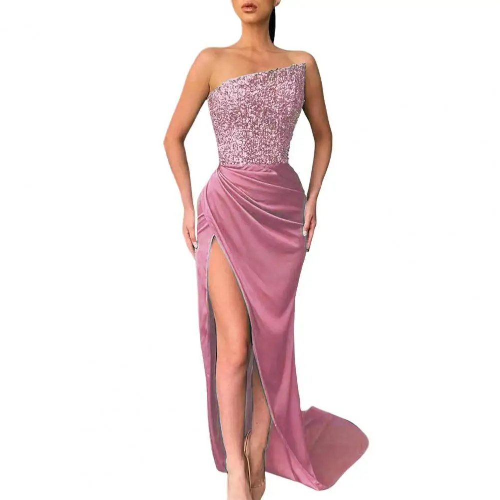 

Women Evening Dress Shiny Sequin Slant Bandeau Collarless Off Shoulder High Split Hem Slim Fit Party Wedding Banquet Maxi Dress