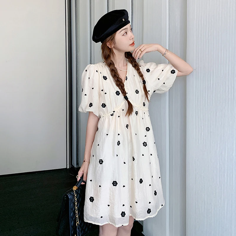 

2024 Summer Maternity Floral Dress Puff Sleeve High Waist V-neck Pregnant Woman Sweet Dress Pregnancy Mini Dress with Lining
